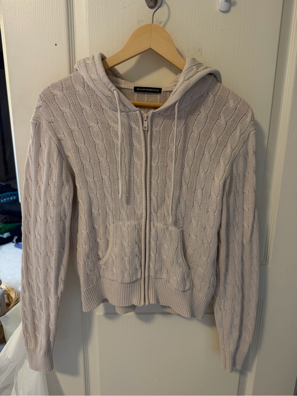 Brandy Melville Beige Cable Knit Zip Hoodie